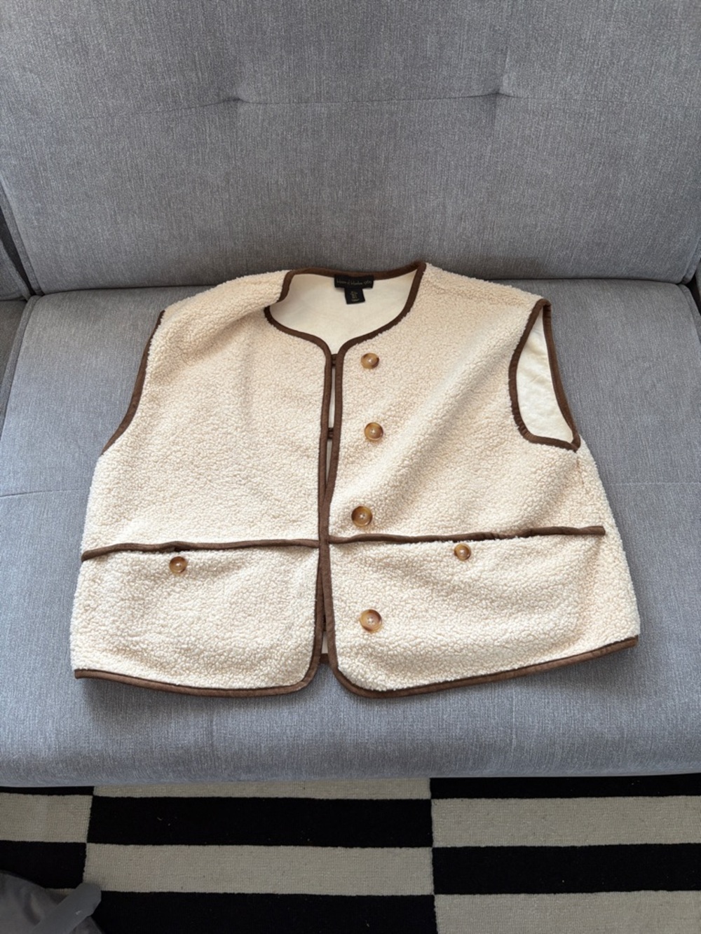 House of Harlow 1960 Cream Sherpa Vest with Brown Trim